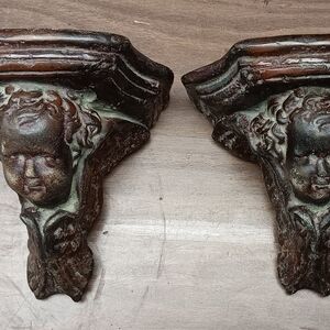 Antique Chalkware Cherub Corbels; Wall Brackets, Shelves – Bronze Finish. 1Each.